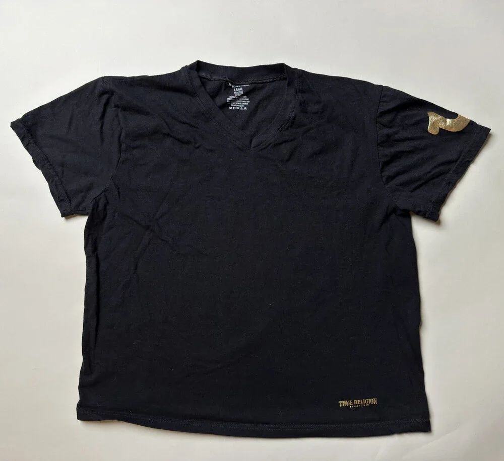 True Religion Shirt Mens Large Black Gold Logo Short Sleeve V Neck Tee Cotton